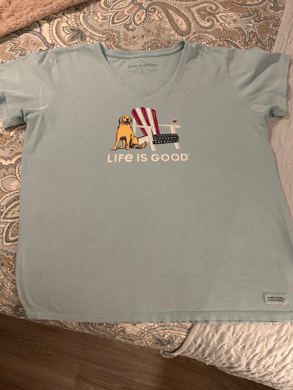 Life Is Good Light Blue V-Neck Tee with Dog & Adirondack Chair Graphic